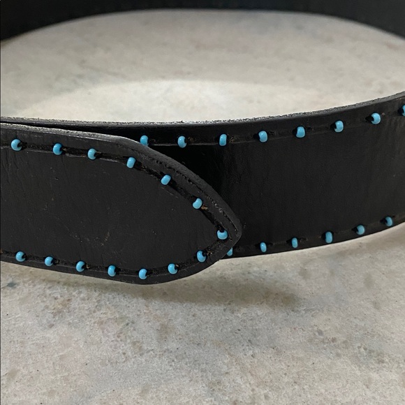 RLL Vintage Black Leather Belt with Gold/Silver Buckle and Turquoise beads - Picture 4 of 8